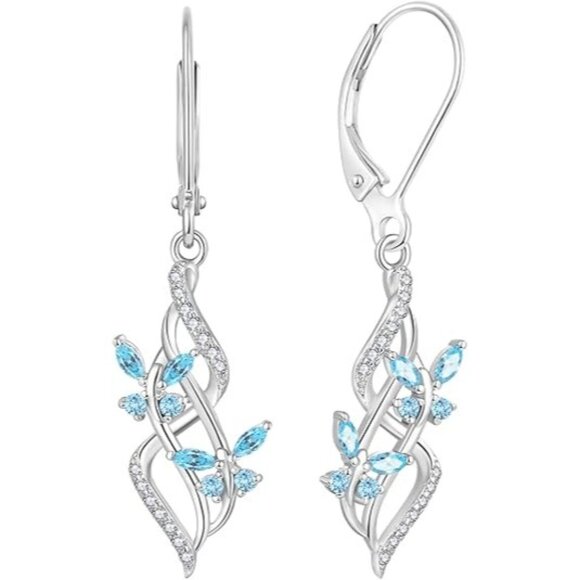 MarchAquamarine Infinity Butterfly Silver Dangle Earrings w/ 5A Cubic Zirconia
